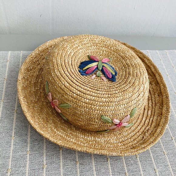 Vintage April Cornell Straw Hat With Flowers Cottagecore Country One Size - Picture 3 of 8